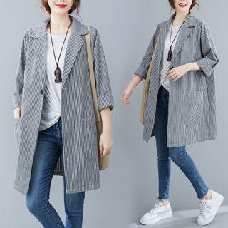 Striped One-button Long Blazer Gray - One Size