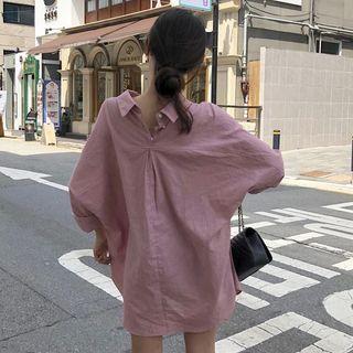 Long-sleeve Double-collar Mini Shirtdress Pink - One Size