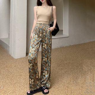 Cropped Tank Top / Floral Print Wide Leg Pants