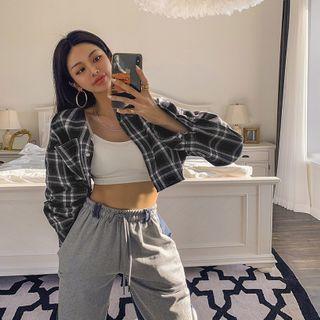 Drop-shoulder Plaid Cropped Shirt