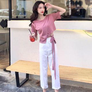 Asymmetric Short-sleeve T-shirt / Crop Straight Fit Pants
