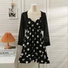Set: Sleeveless Polka-dot Mini Dress + Sheer Cape Top Black - One Size