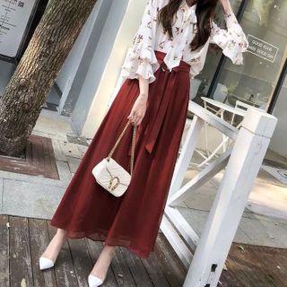 Set: Long-sleeve Floral Print Blouse + Midi A-line Skirt