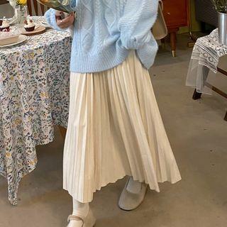 Pleated Midi A-line Skirt Beige Almond - One Size