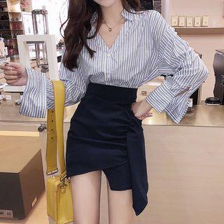 Asymmetric Hem Pencil Skirt / Long-sleeve Striped Shirt