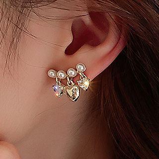 Faux Pearl Heart Rhinestone Fringed Earring 1 Pair - Silver Needle - Gold - One Size