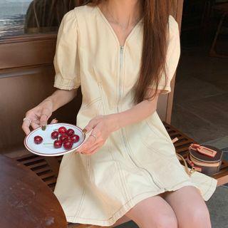 V-neck Puff-sleeve Dress Yellow - One Size