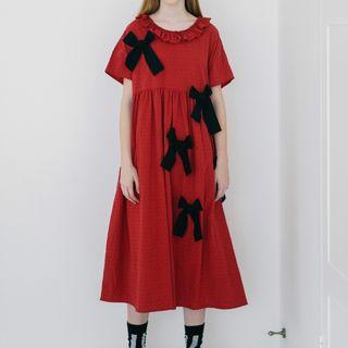 Short-sleeve Bow-detailed Midi A-line Dress