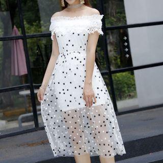 Short-sleeve Sheer Panel Patterned Midi Dress