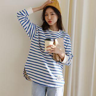 Round-hem Tag-detail Stripe T-shirt