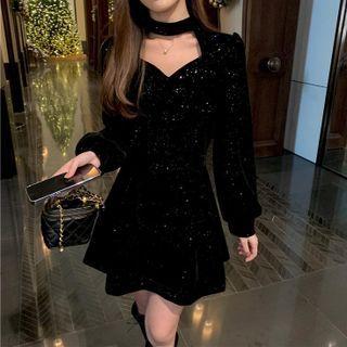 Puff-sleeve Glitter Mini A-line Dress