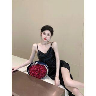 Spaghetti Strap Shirred Slit Dress