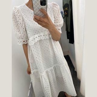 Puff-sleeve Long Eyelet-lace Dress Ivory - One Size