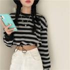 Long-sleeve Drawstring Striped Top Black - One Size