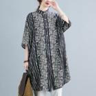Elbow-sleeve Floral Print Striped Tunic Blouse Stripe - Black - One Size