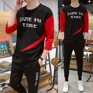 Set: 3/4-sleeve Lettering T-shirt + Harem Pants