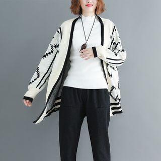 Rhombus Pattern Open Front Cardigan Rhombus - Black & White - One Size