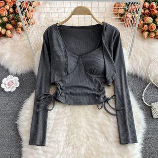 Set: Open Front Crop Cardigan + Drawstring Camisole