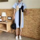 Mock Two-piece Short-sleeve Striped Midi Shirt Dress Stripe - Blue & White - One Size