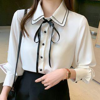 Long-sleeve Layered Collar Tie-neck Chiffon Blouse
