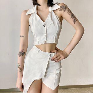Halter Button-up Crop Tank Top / Asymmetrical Shorts