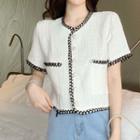 Short-sleeve Contrast Trim Buttoned Top As Shown In Figure - One Size