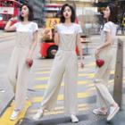 Set: Short Sleeve Plain T-shirt + Spaghetti-strap Wide-leg Jumpsuit