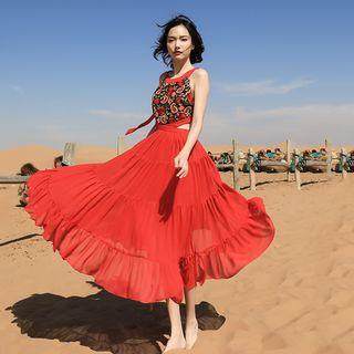 Flower Print Halter-neck Cut-out Midi A-line Dress