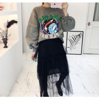 Lettering-embroidered Printed Oversized Sweatshirt