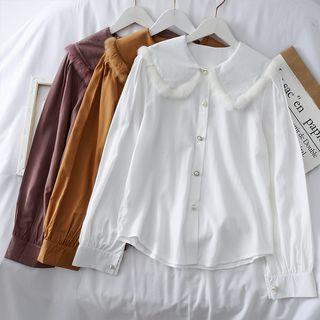 Faux Fur-trim Loose-fit Plain Shirt