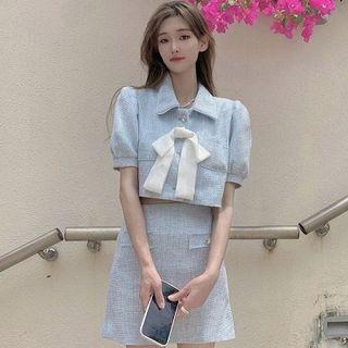 Short-sleeve Bow Cropped Jacket / Mini A-line Skirt