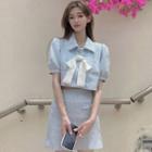 Short-sleeve Bow Cropped Jacket / Mini A-line Skirt