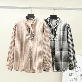 Long-sleeve Checked Tie-neck Blouse