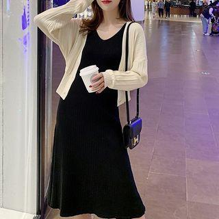 Set: Sleeveless Midi A-line Dress + Plain Cardigan