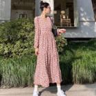 Long Sleeve V-neck Floral Print Midi Chiffon Dress