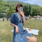 Puff-sleeve Embroidered Collar Denim A-line Mini Dress