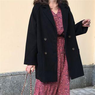 Notch Lapel Double-breasted Coat / Floral Long-sleeve Midi A-line Dress