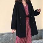 Notch Lapel Double-breasted Coat / Floral Long-sleeve Midi A-line Dress
