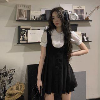 Puff-sleeve Collar Blouse / Mini A-line Overall Dress