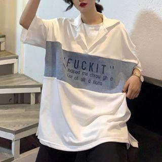 Lettering Color Block Print Polo T-shirt
