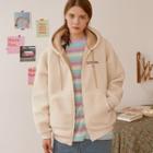 Letter Faux-shearling Zip-up Hoodie Ivory - One Size