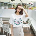 Frill-sleeve Rose-embroidered Lettering T-shirt