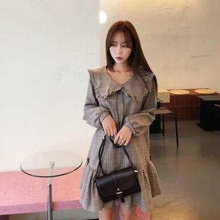 Tie-neck Ruffle-trim Plaid Minidress