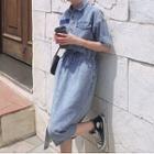 Elbow-sleeve Denim Midi Shirtdress