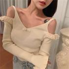 Long-sleeve Cold Shoulder Lace Trim Knit Top