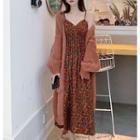 Cable-knit Open-front Long Cardigan / Strappy Floral Print Midi Dress
