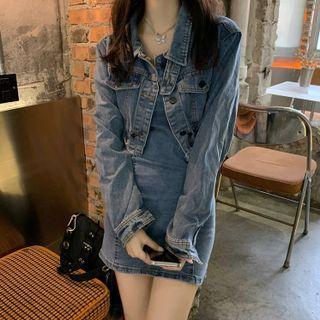 Cropped Denim Jacket / Spaghetti Strap Denim Mini Sheath Dress