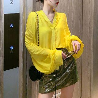 V-neck Loose-fit Long-sleeve Blouse Yellow - One Size