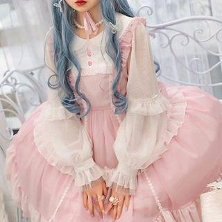 Long-sleeve Ruffle Trim Mesh Midi A-line Dress