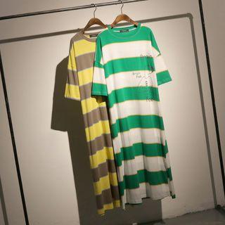 Elbow-sleeve Striped Cartoon Midi T-shirt Dress